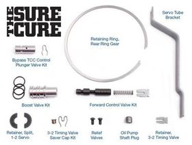 AX4S, AXODE  The Sure Cure® Kit Pump noise; Pump rotor damage; Clutch & band failures; Erratic line pressure; Non-adjustable (high) throttle pressure; 1-2 Flare; 2-3 Flare; 2-1 Clunk; No 4th; No Forward; Forward slip; Reverse slip; Harsh Reverse; Delayed , AXOD, Transmission parts, tooling and kits